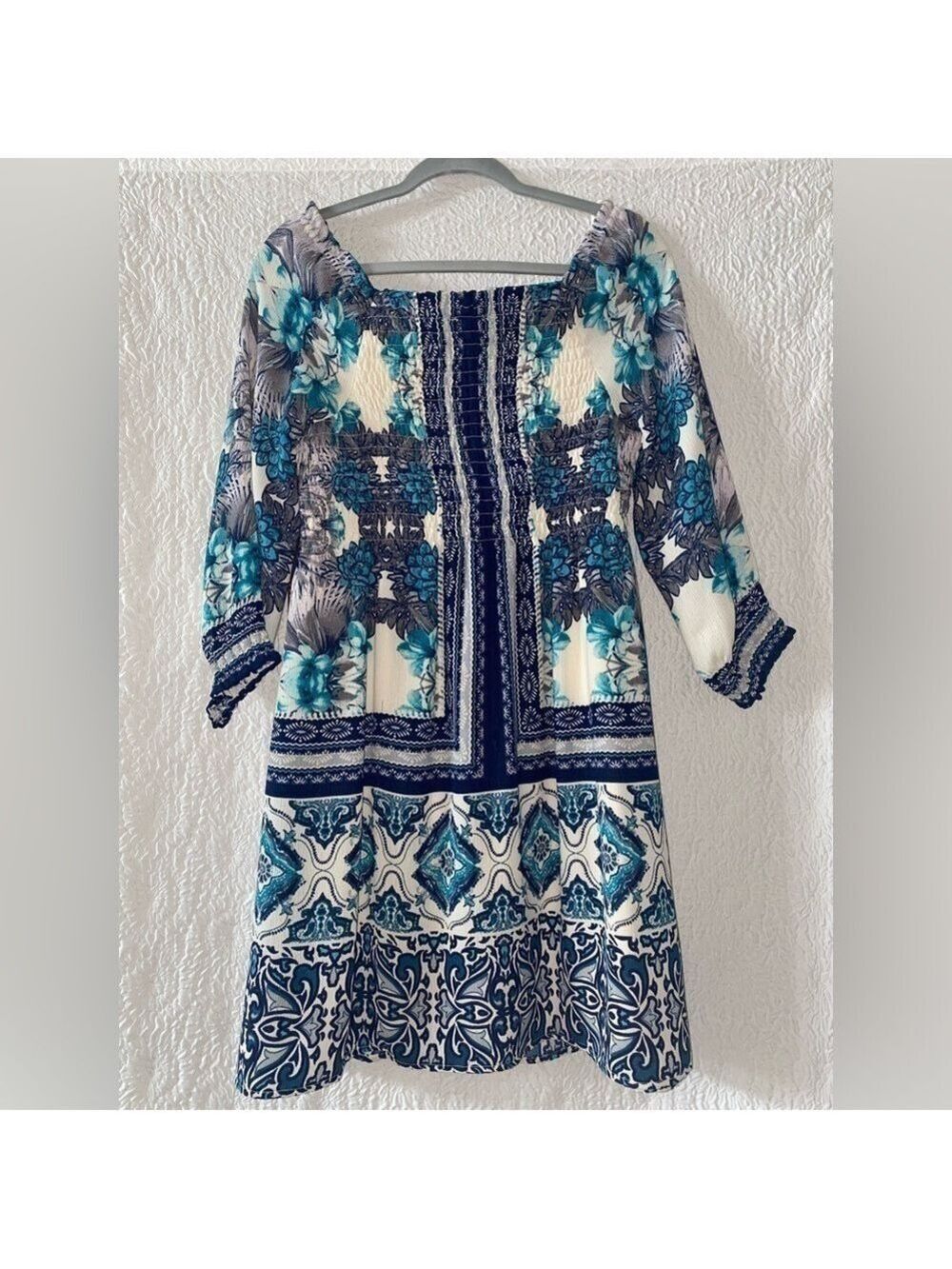 Luxology Smocked Bodice 3/4 Sleeve Midi Fit & Flare Dress - Picture 7 of 12